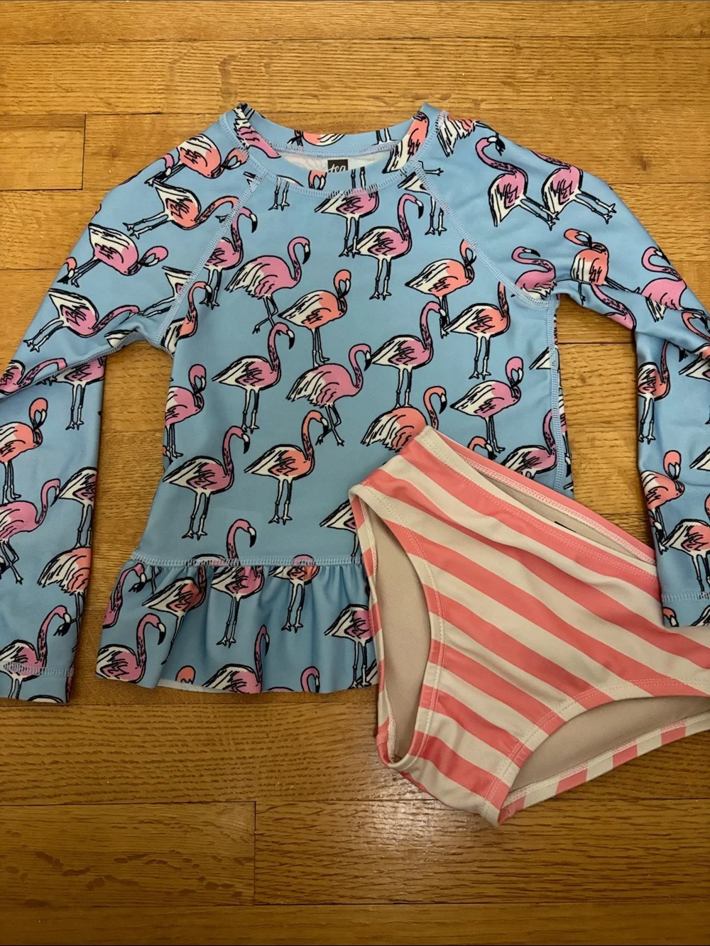 Tea Collection Blue Flamingo Long-Sleeve Rashguard Set with Pink Striped Bottoms